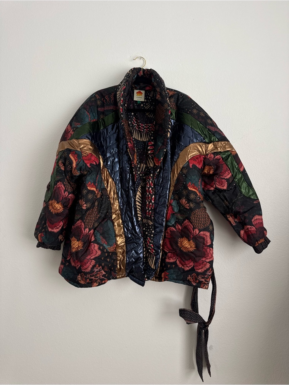 FARM Rio Quilted Floral Puffer Jacket in Black, Gold & Green - Picture 2 of 5